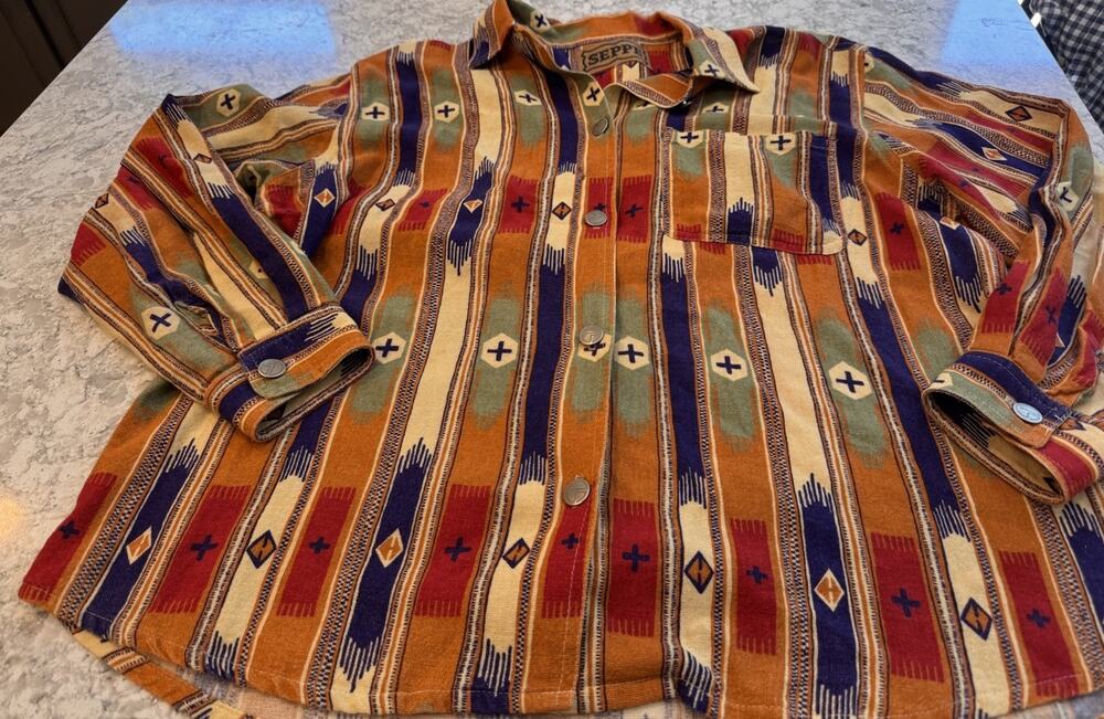 Vtg SEPPE Southwestern Aztec Print Western Shirt Long Sleeve Metal Buttons M L